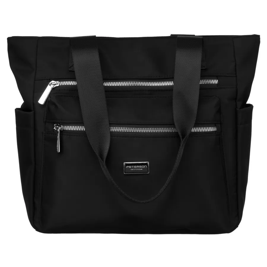 Duża, nylonowa torebka damska w czarnym kolorze zawieszona na wygodnych uchwytach - Peterson
