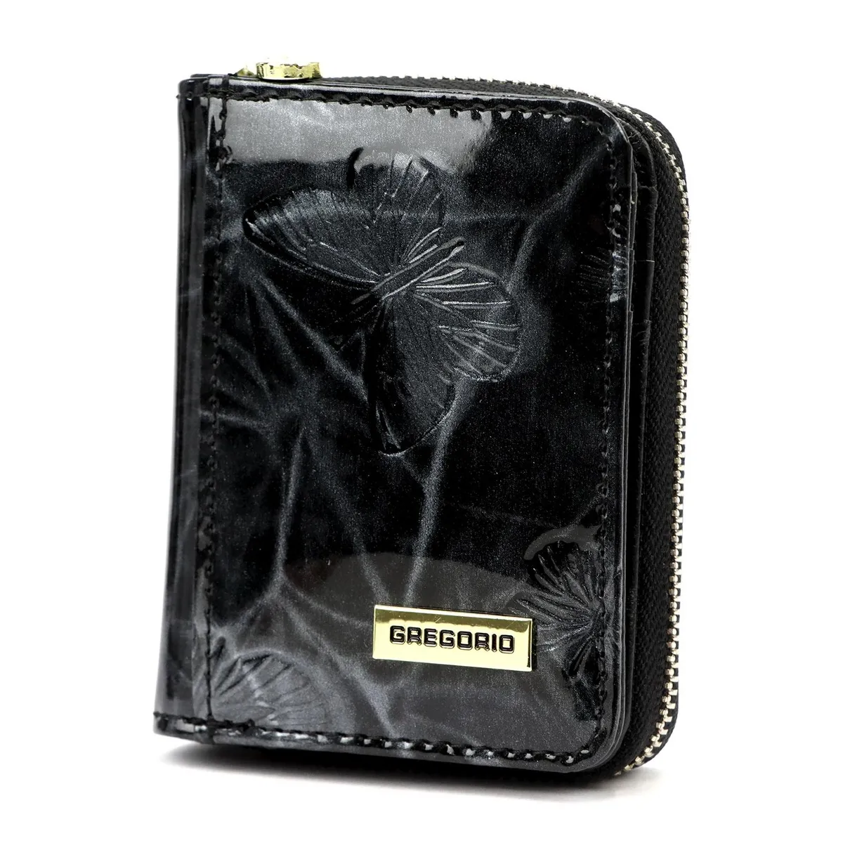 Elegancka portmonetka damska w motyle, czarna, wykonana ze skóry naturalnej z złotymi detalami