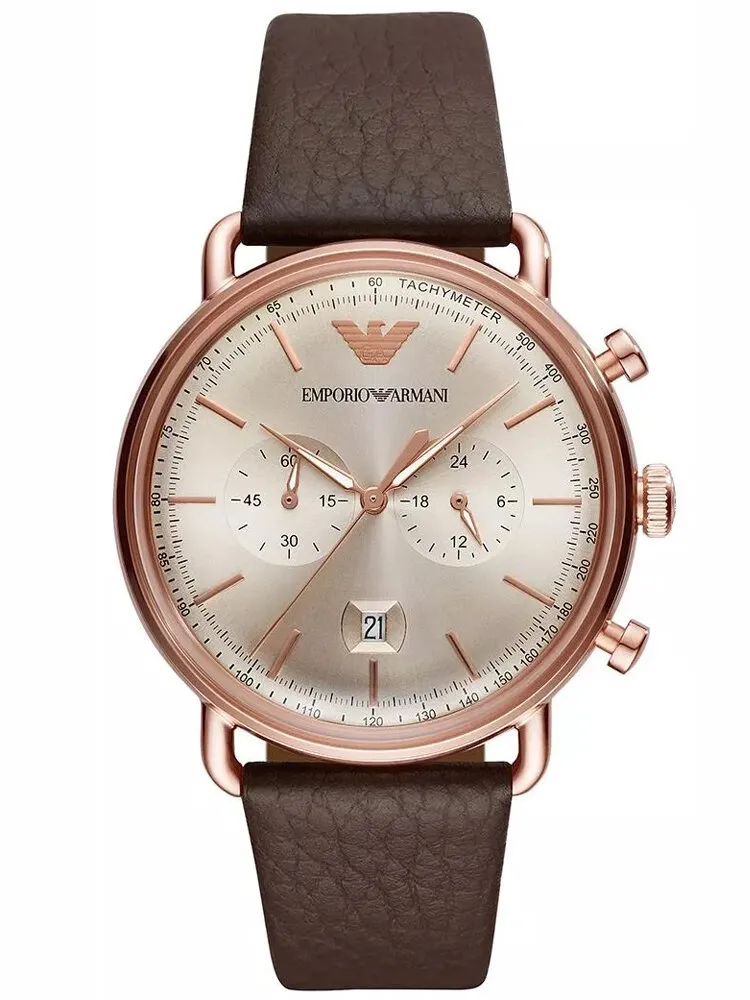 Zegarek męski Emporio Armani o nowoczesnym designie, beżowa tarcza i brązowy pasek skórzany