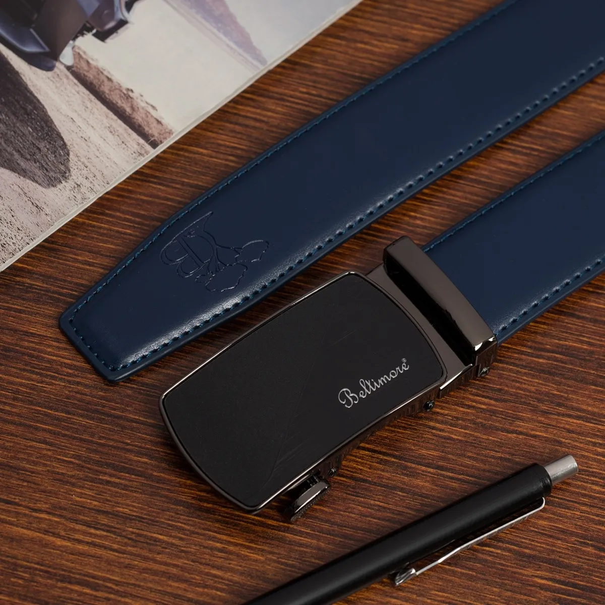 Pasek męski skórzany klamra automatyczna granatowy Beltimore A47 : Kolory - granatowy, Rozmiar pasków - r.100-115 cm