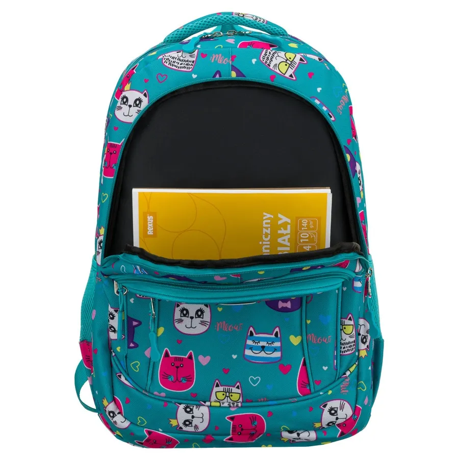 Młodzieżowy Plecak szkolny w kolorowe kotki, z poliestru, dwukomorowy, z regulowanymi szelkami