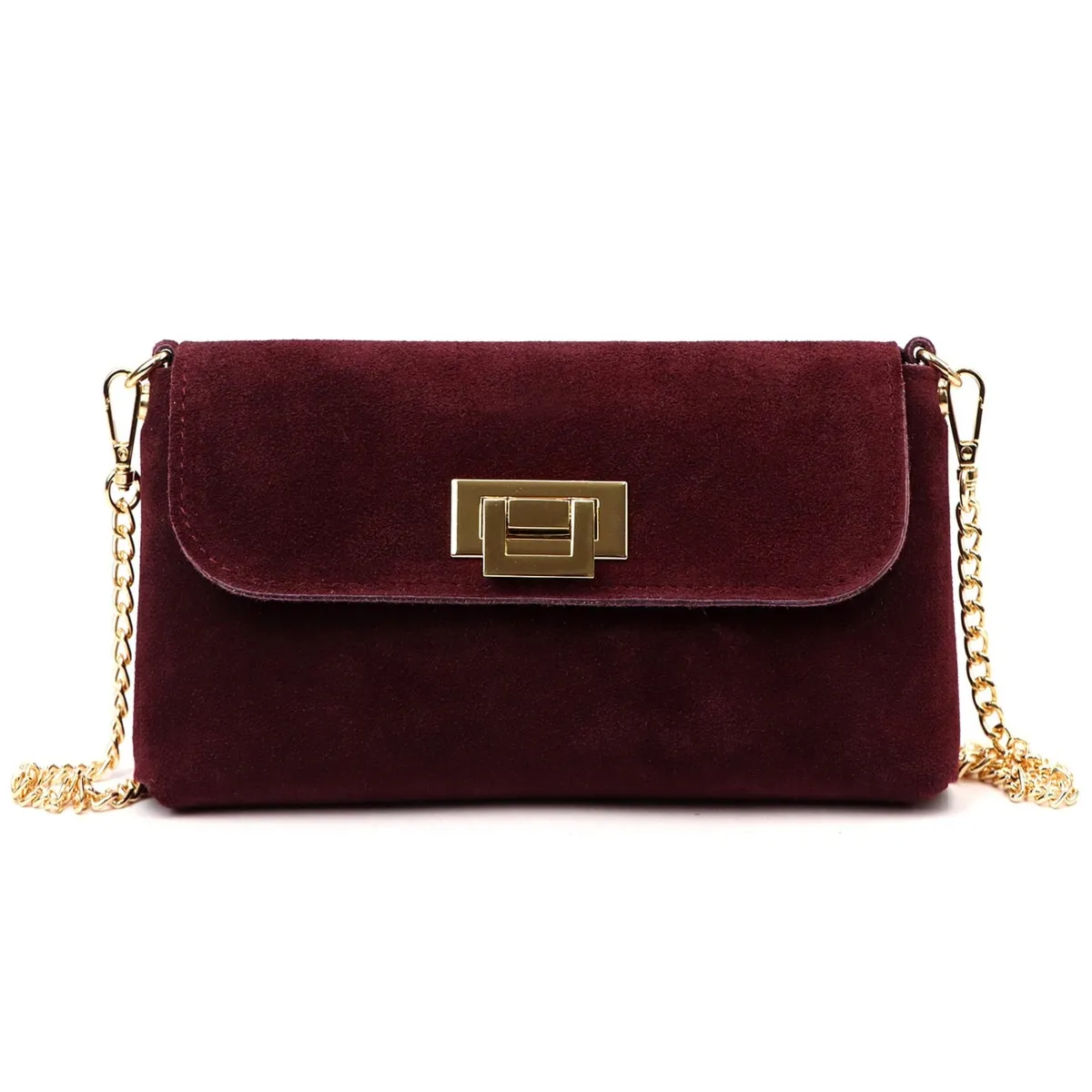 Mała listonoszka zamszowa w kolorze bordowym, elegancki dodatek na ramię