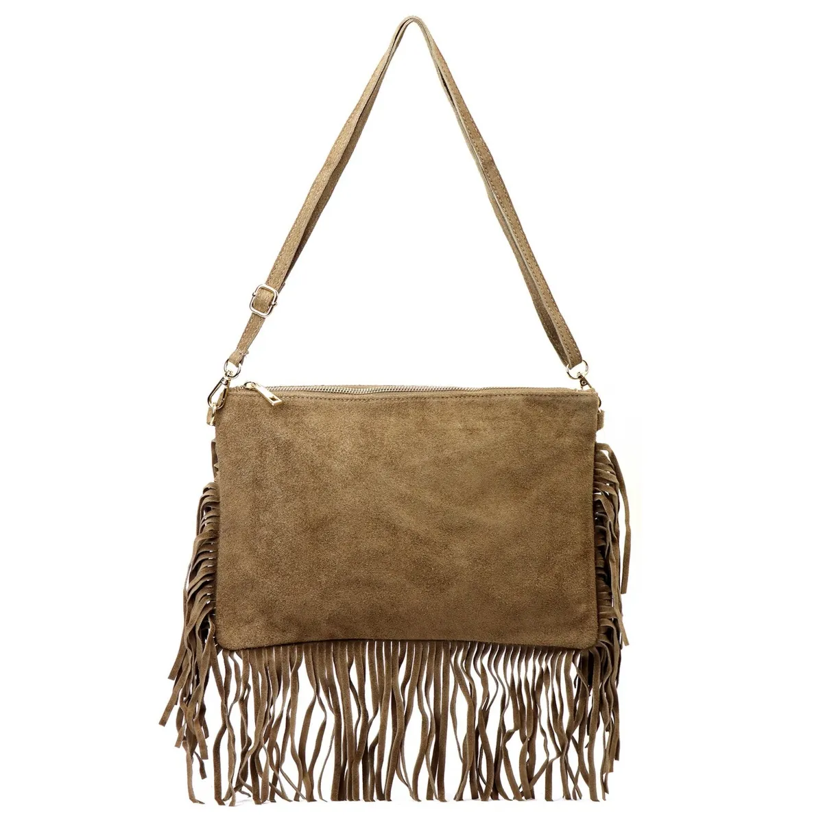 Skórzana listonoszka w odcieniu taupe z frędzlami, stylowy dodatek dla kobiet
