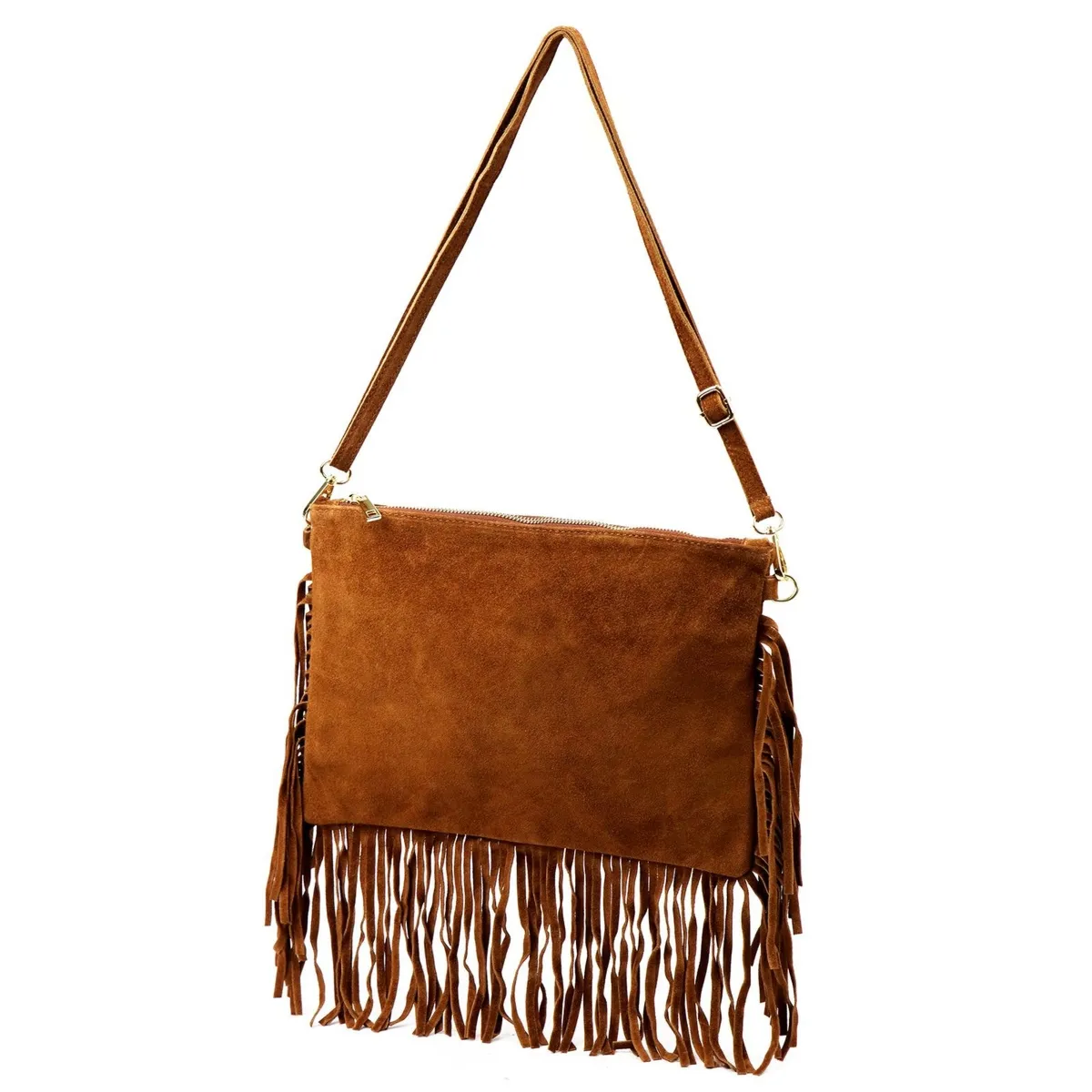 Camelowa skórzana listonoszka z frędzlami, modny akcent do codziennych stylizacji