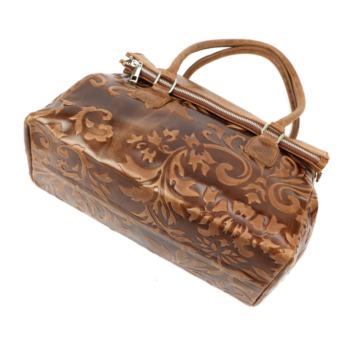 Elegancki pojemny skórzany kuferek z roślinnym motywem torebka do ręki Luka