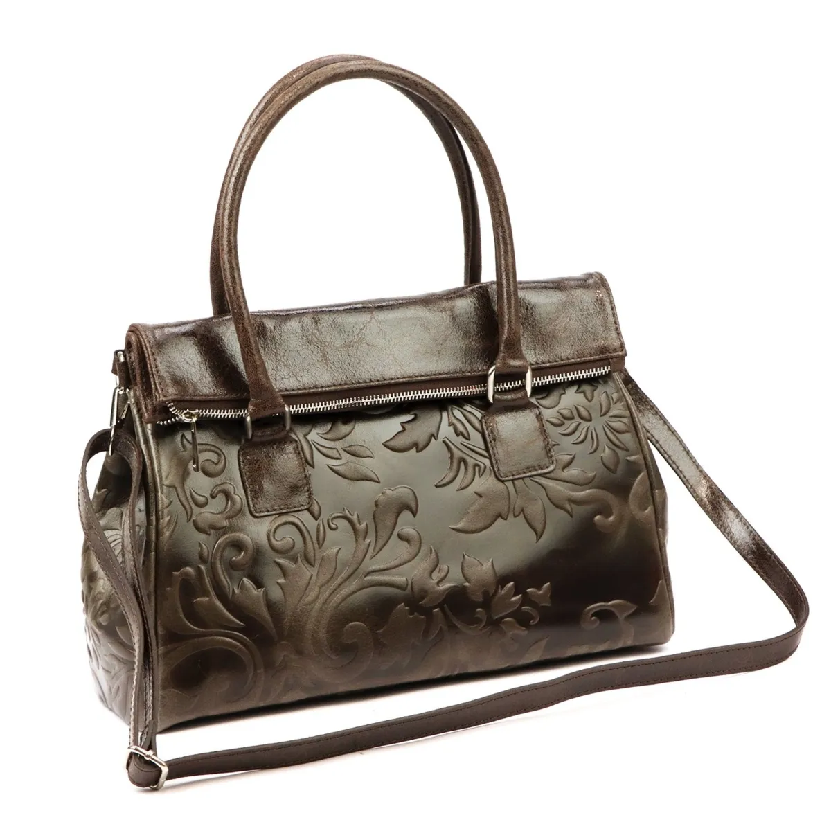 Elegancki pojemny skórzany kuferek z roślinnym motywem torebka do ręki Luka