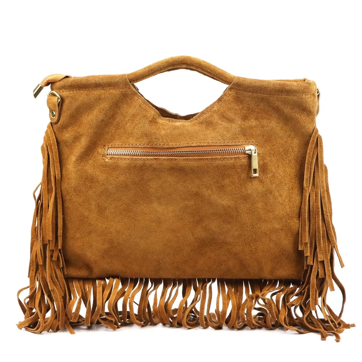 Zamszowa pojemna Damska skórzana torebka do ręki z frędzlami i dżetami Luka