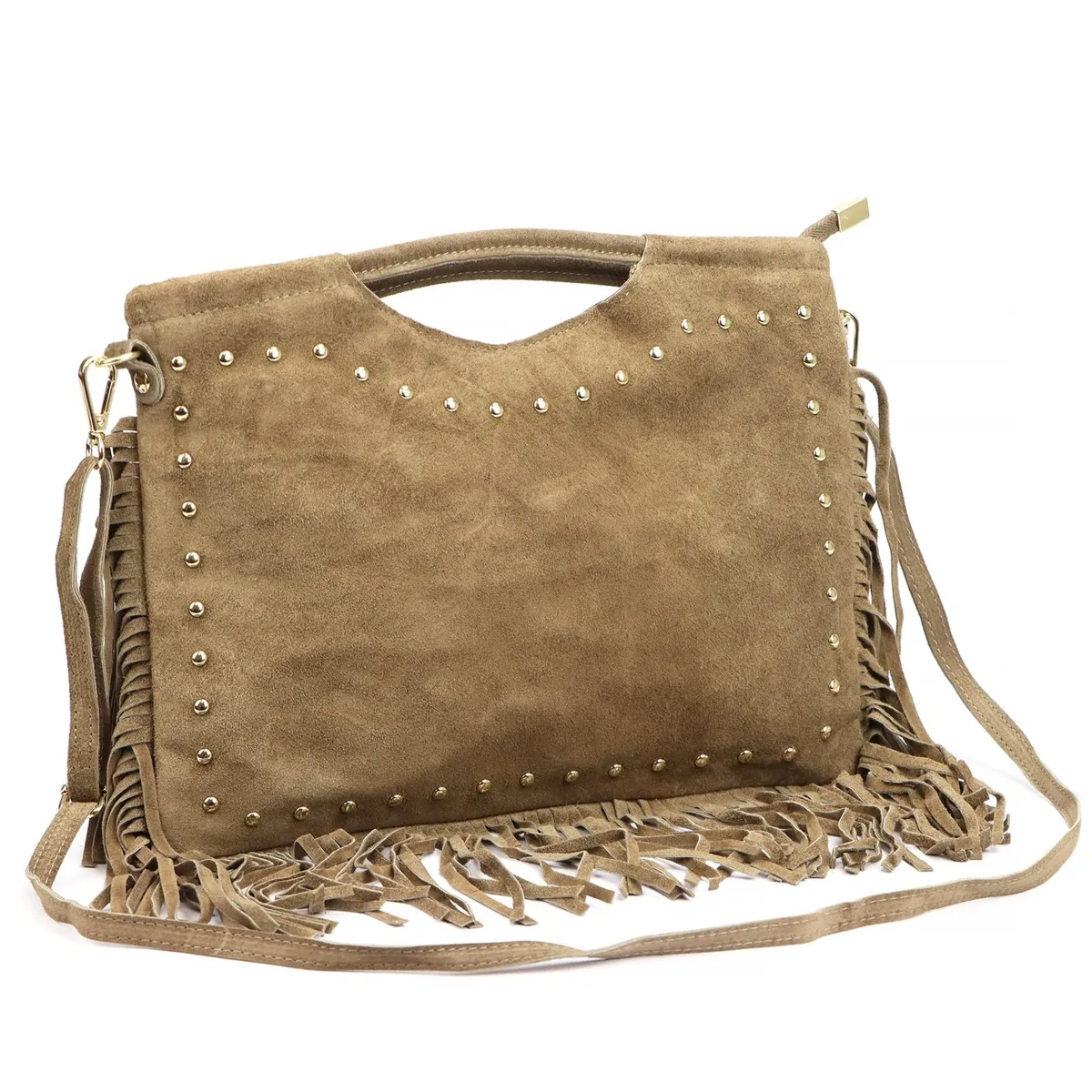 Zamszowa pojemna Damska skórzana torebka do ręki z frędzlami i dżetami Luka