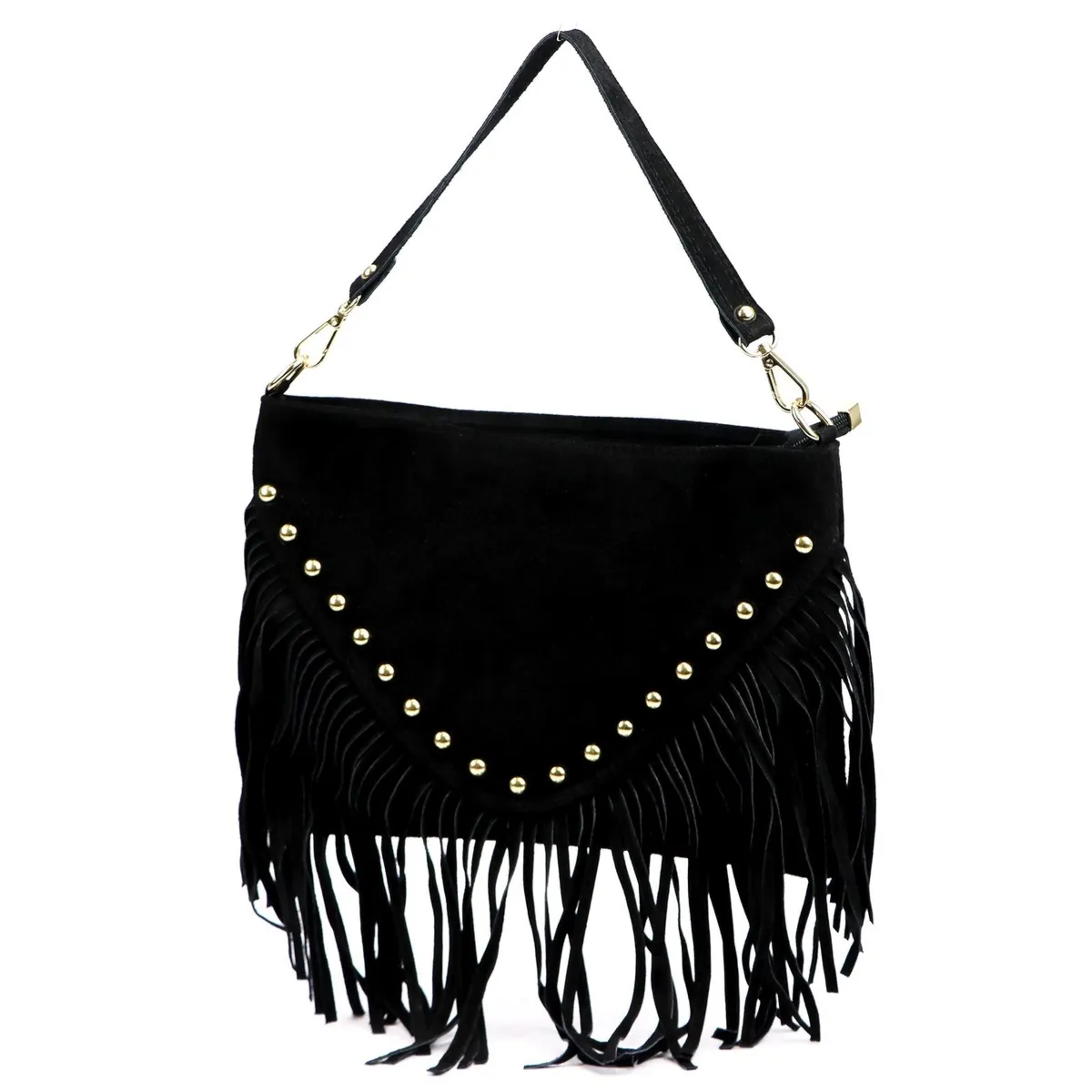 Skórzana zamszowa damska listonoszka z frędzlami i dżetami na ramię Luka