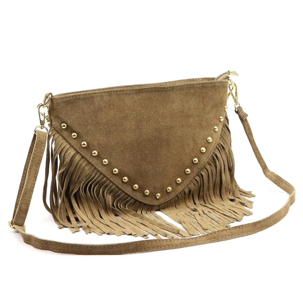 Skórzana zamszowa damska listonoszka z frędzlami i dżetami na ramię Luka