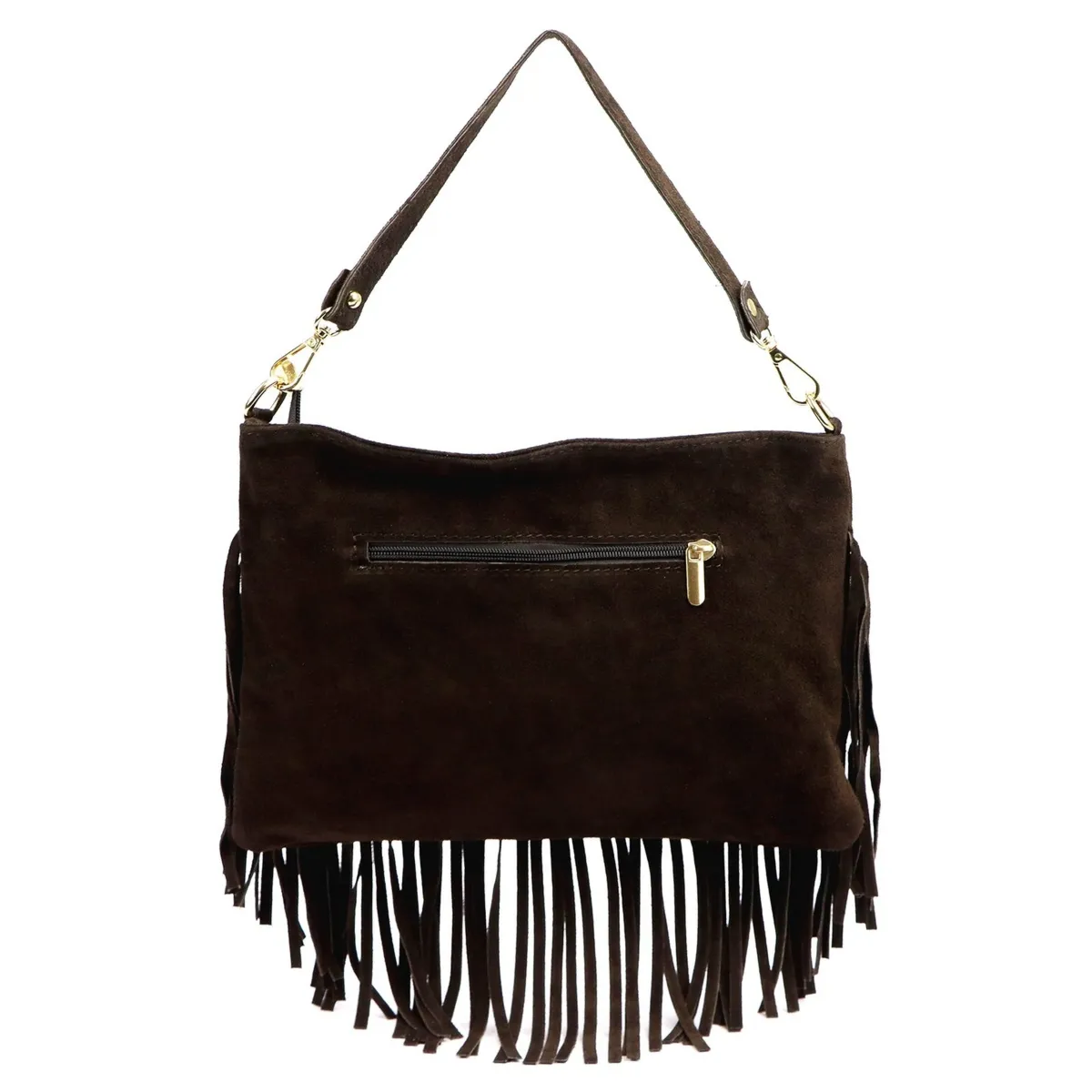 Skórzana zamszowa damska listonoszka z frędzlami i dżetami na ramię Luka