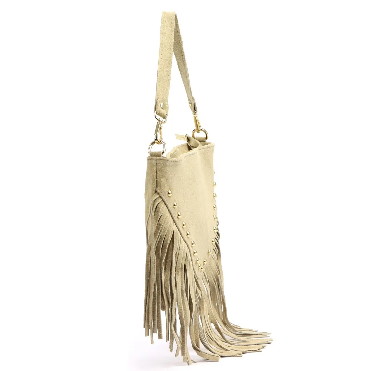 Skórzana zamszowa damska listonoszka z frędzlami i dżetami na ramię Luka