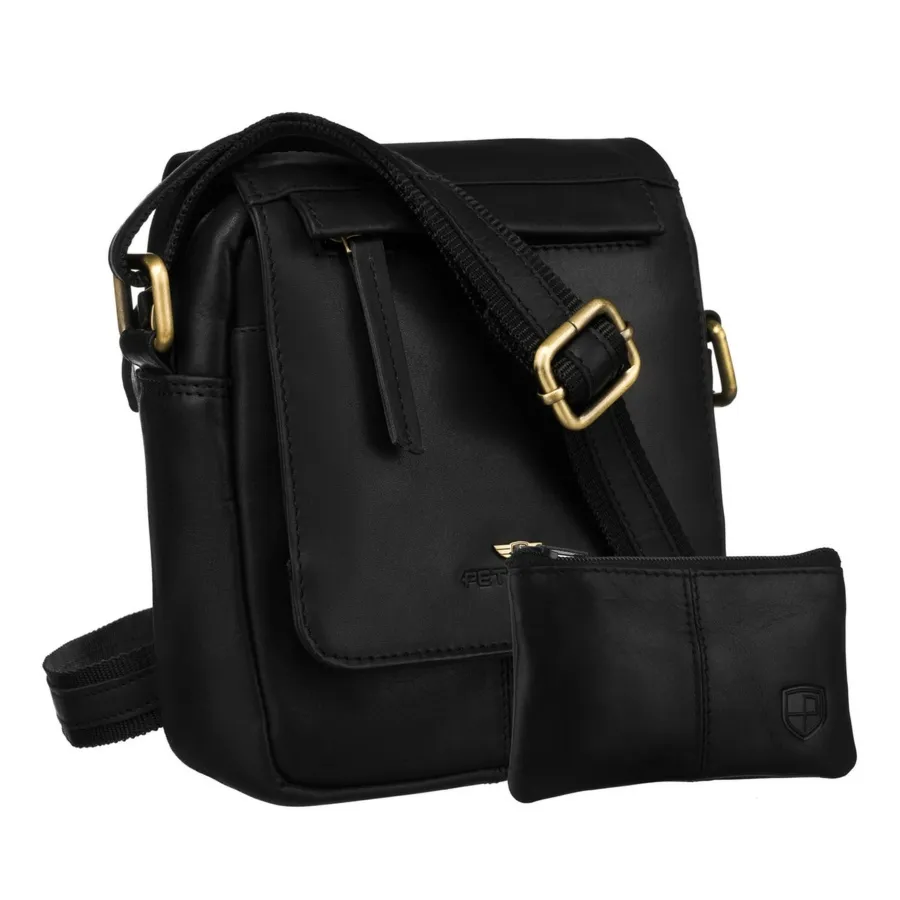 Skórzana, czarna torba męska na ramię z klapką i etui w zestawie - Peterson