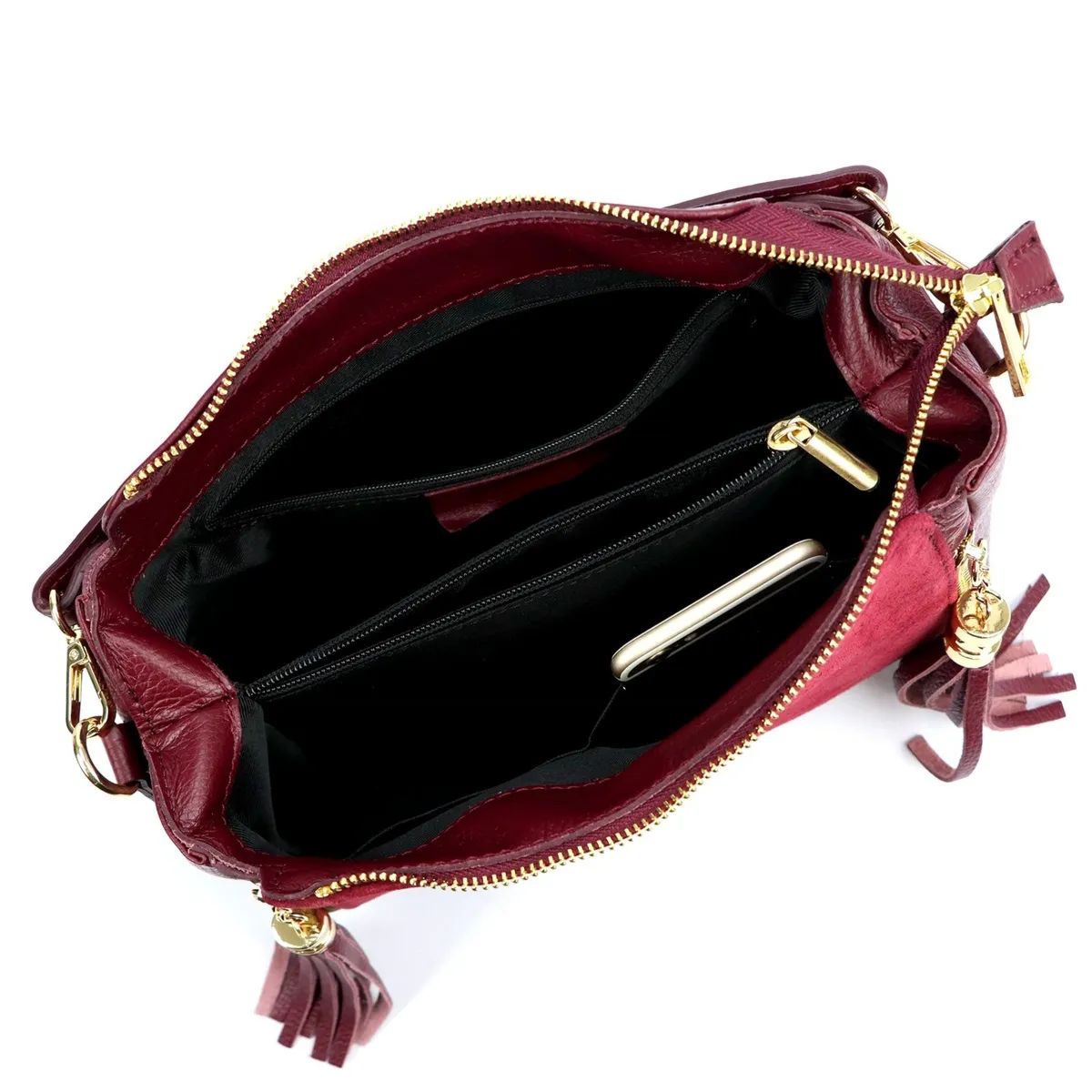 Listonoszka damska skórzana zamszowa dwie komory 2 breloki frędzle Luka