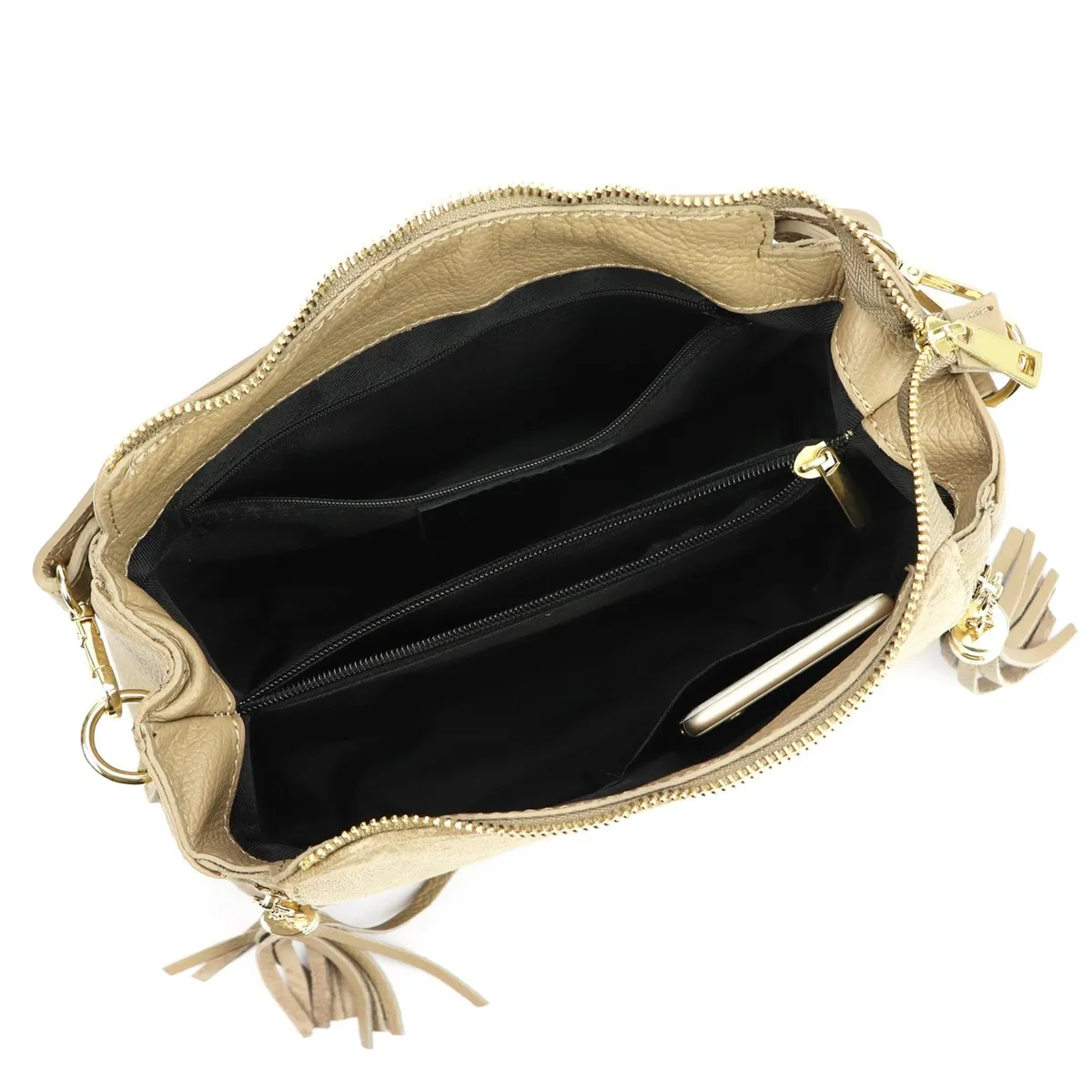 Listonoszka damska skórzana zamszowa dwie komory 2 breloki frędzle Luka