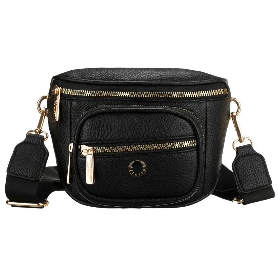 Czarna saszetka damska ze skóry ekologicznej, zamykana suwakiem i zawieszona na regulowanym pasku - Peterson