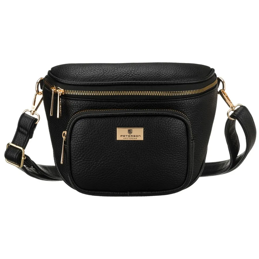 Czarna saszetka damska ze skóry ekologicznej zawieszona na regulowanym pasku - Peterson