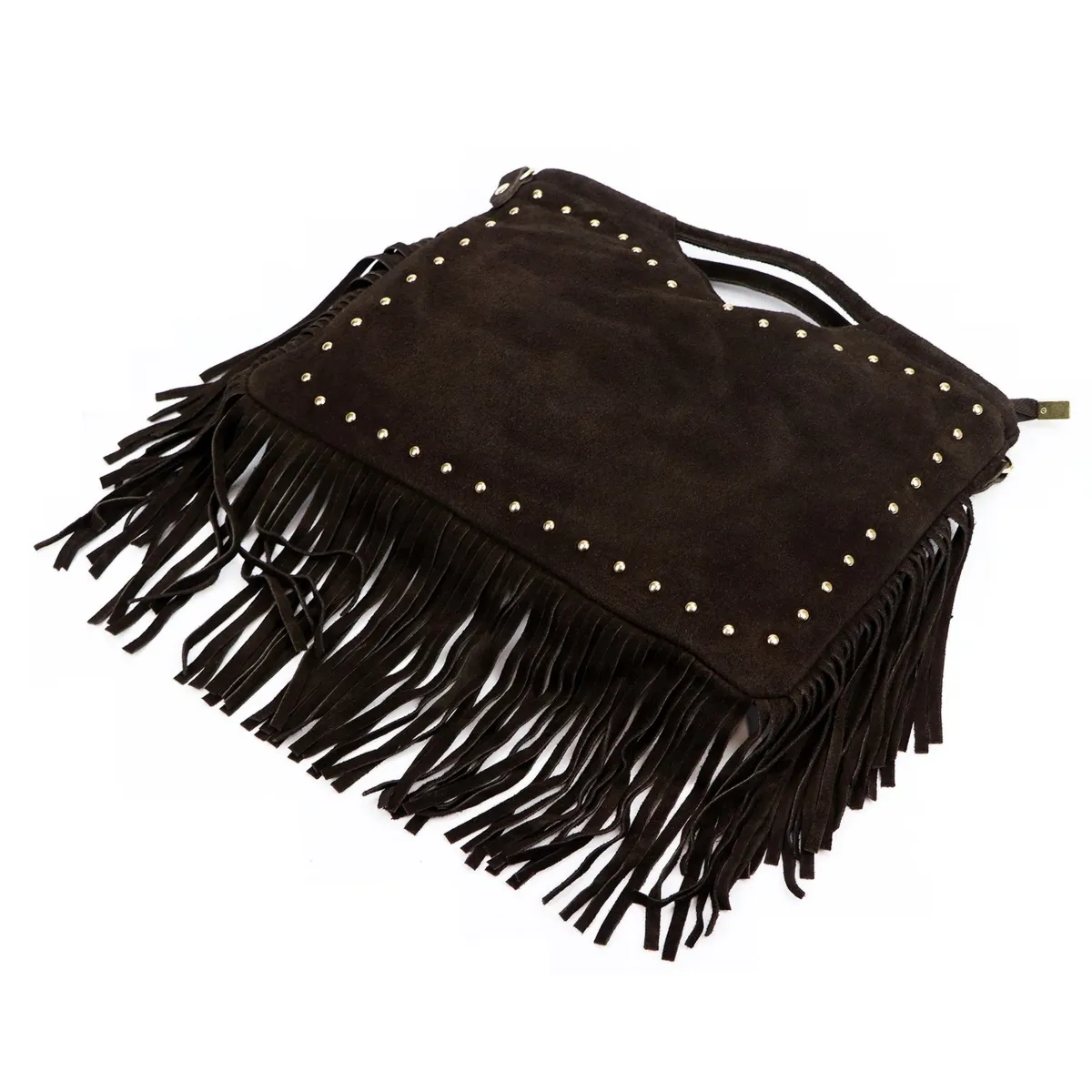 Zamszowa pojemna Damska skórzana torebka do ręki z frędzlami i dżetami Luka