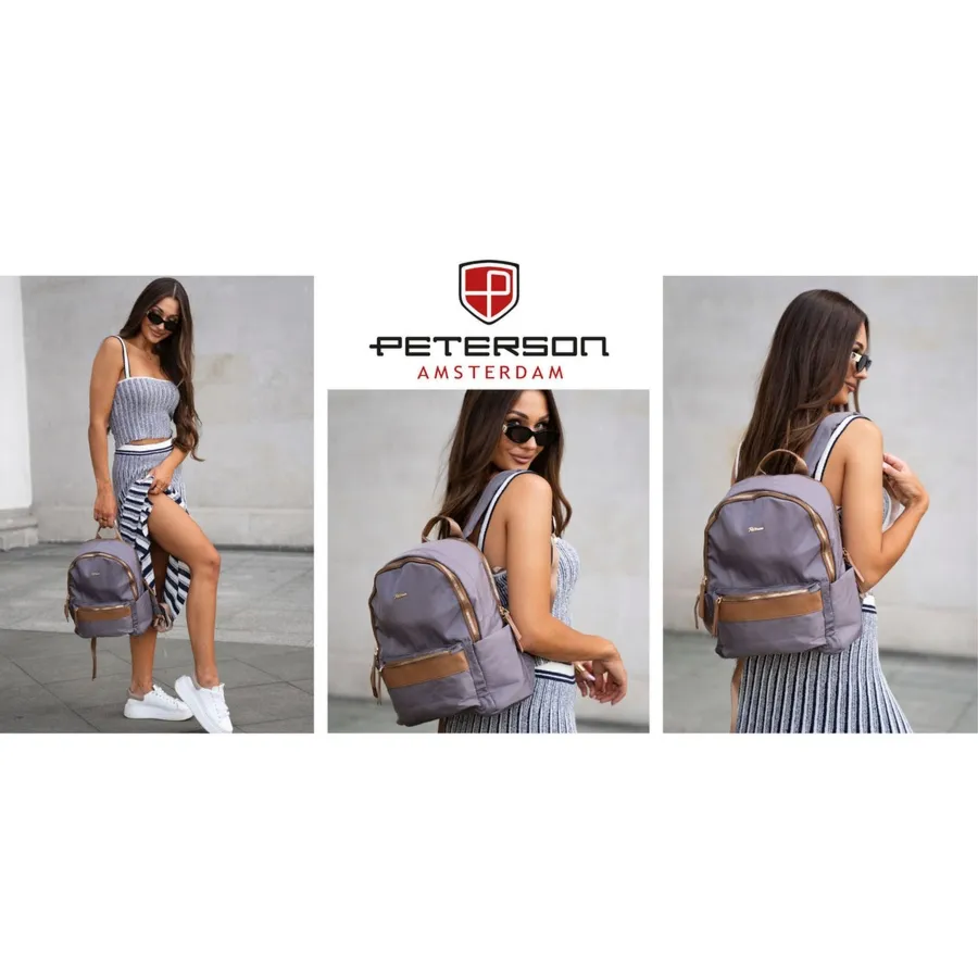 Szary, miejski plecak damski z poliestru zamykany suwakami - Peterson