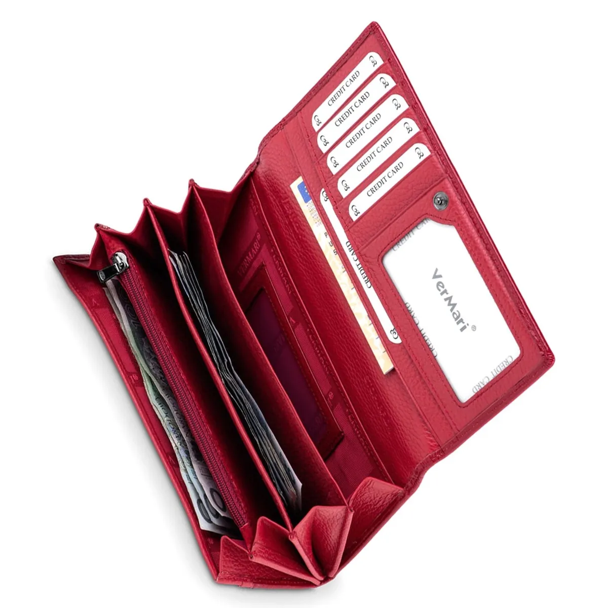 Duży Podłużny Skórzany damski portfel na zatrzask kieszeń na monety VerMari