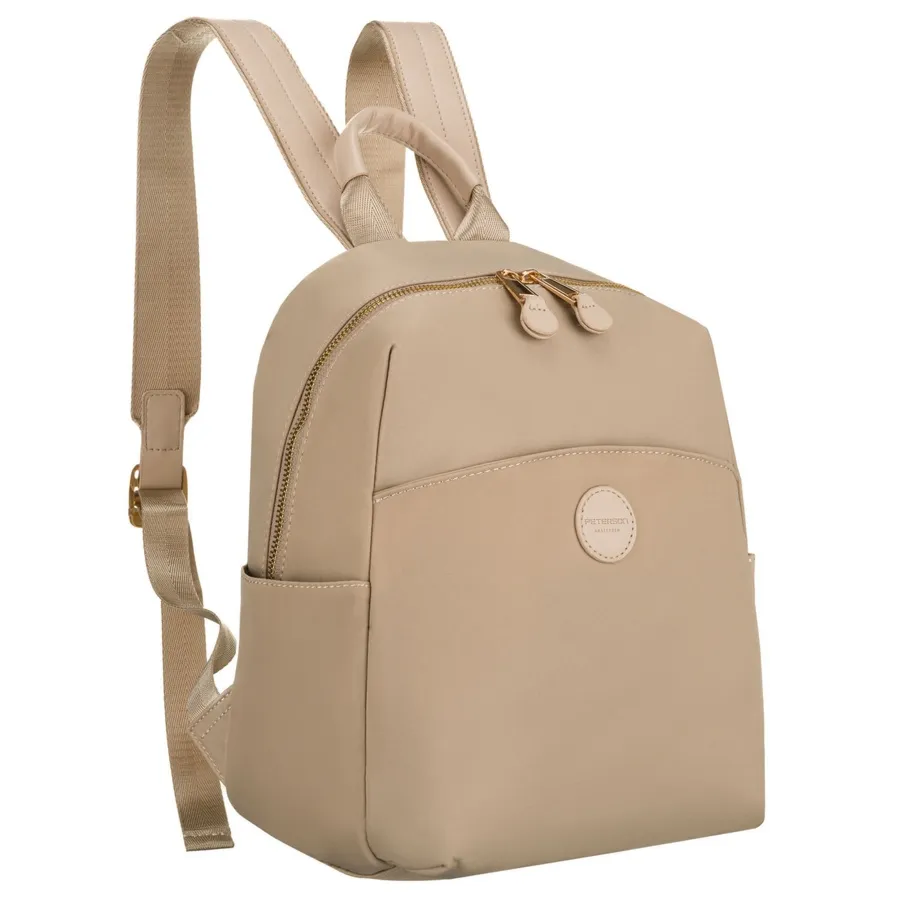 Beżowy plecaczek damski z nylonu i skóry ekologicznej zamykany suwakiem - Peterson