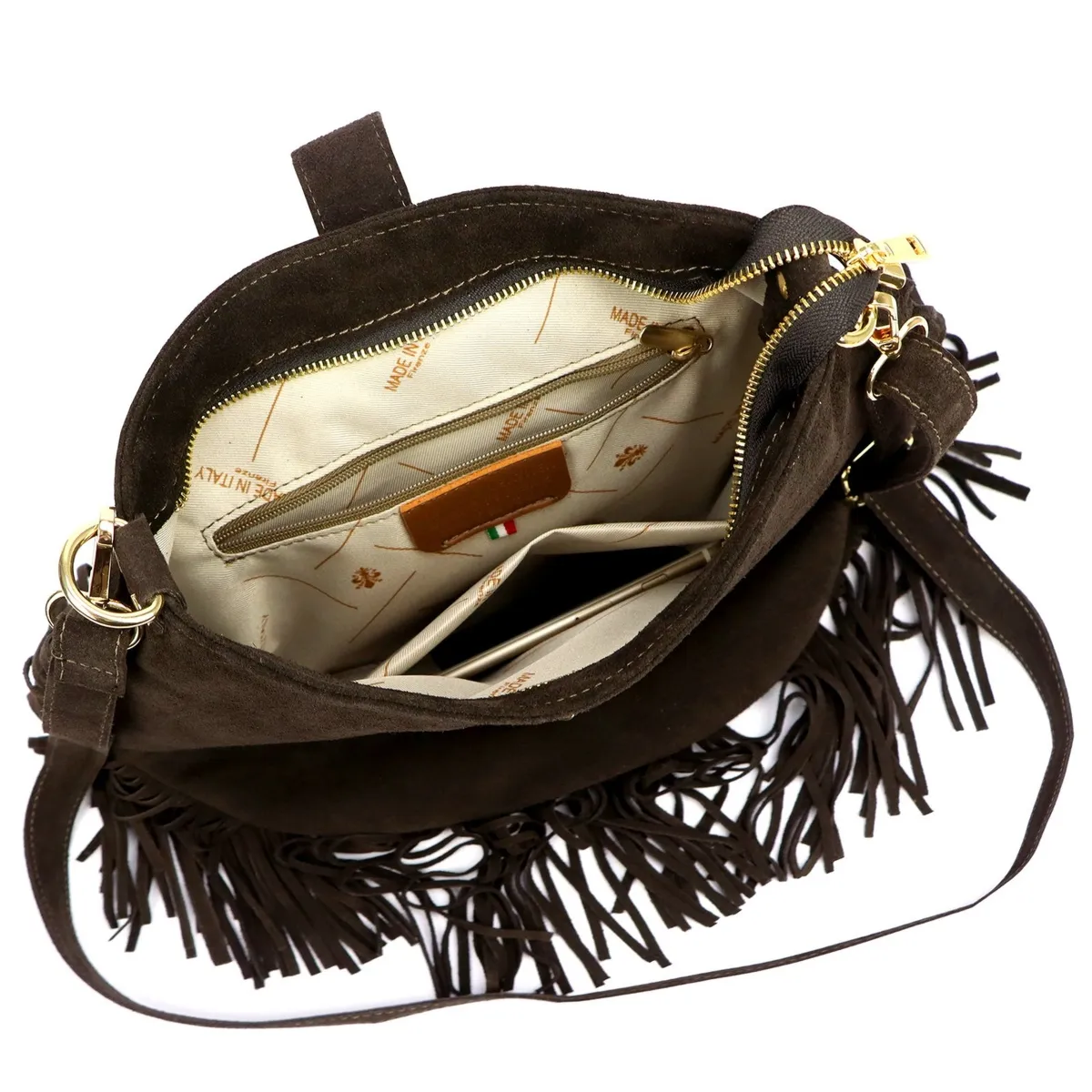 Listonoszka z frędzlami Damska torebka z kieszeniami skórzana Camilla