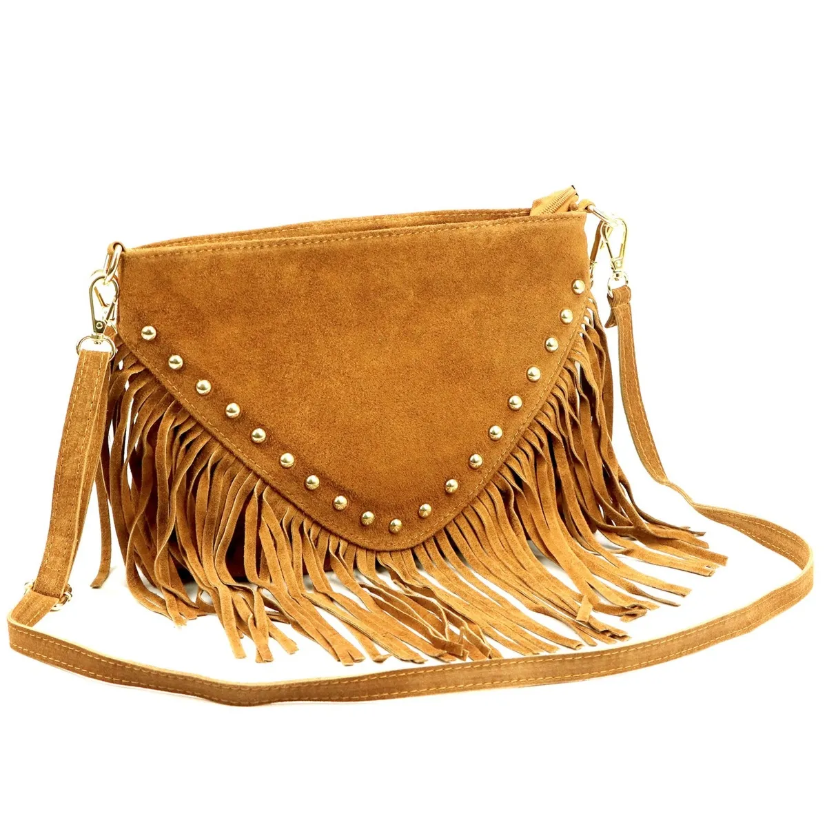 Skórzana zamszowa damska listonoszka z frędzlami i dżetami na ramię Luka