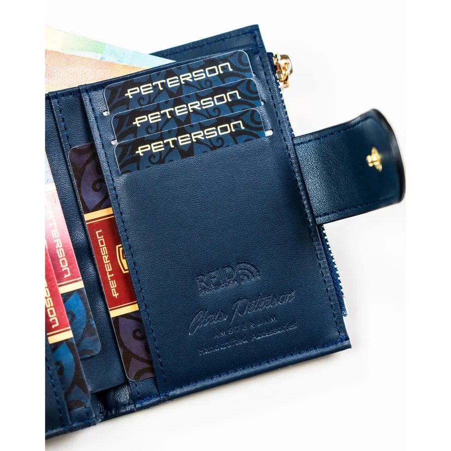 Granatowy portfel damski ze skóry ekologicznej z systemem RFID - Peterson