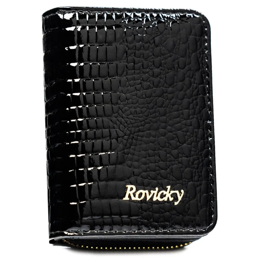 Skórzany portfel damski w czarnym kolorze zamykany suwakiem i zatrzaskiem - Rovicky