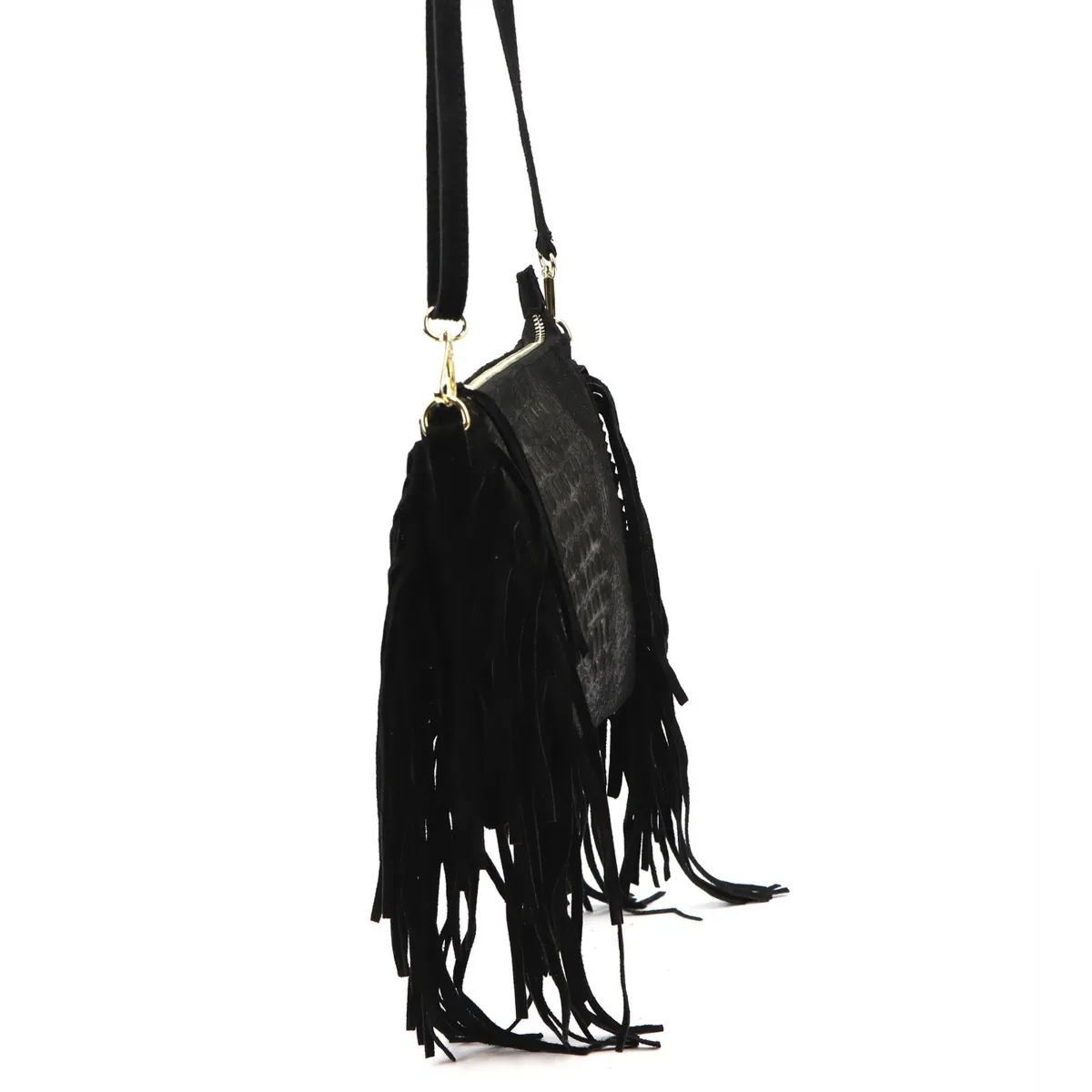 Vera Pelle skórzana damska listonoszka torebka przez ramię z frędzlami