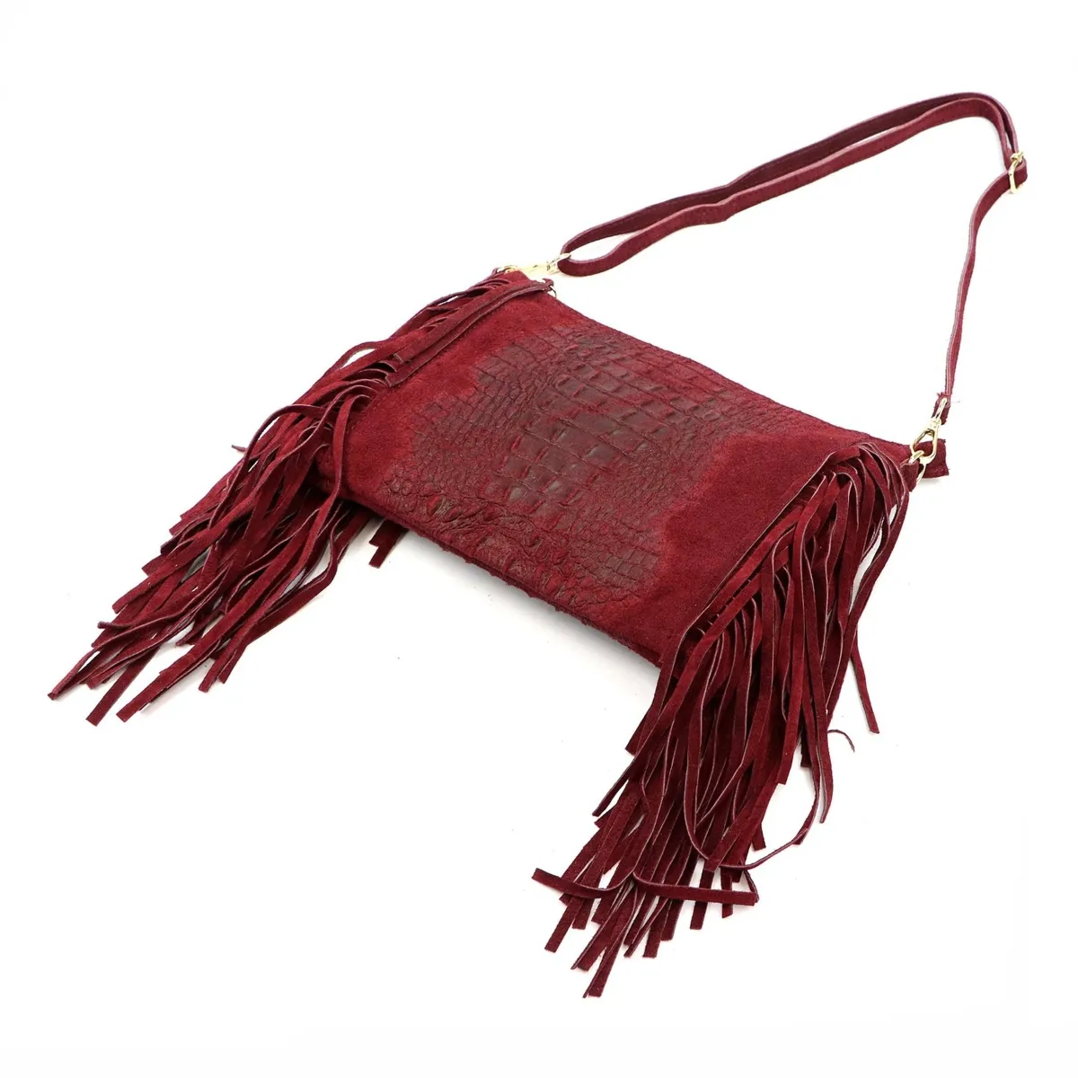 Vera Pelle skórzana damska listonoszka torebka przez ramię z frędzlami