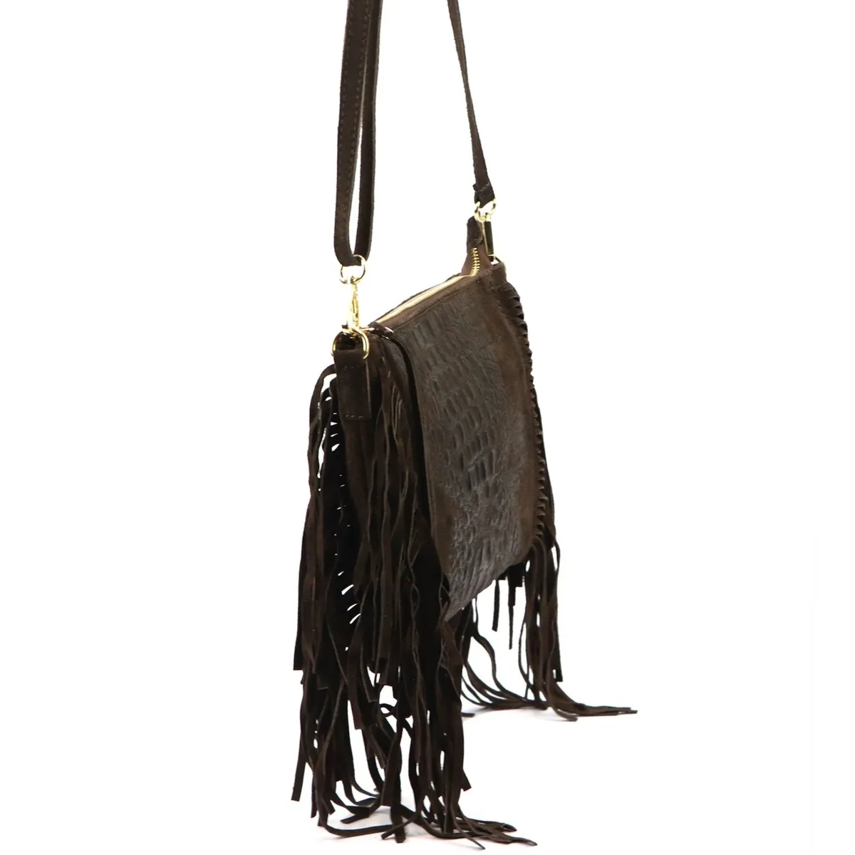 Vera Pelle skórzana damska listonoszka torebka przez ramię z frędzlami