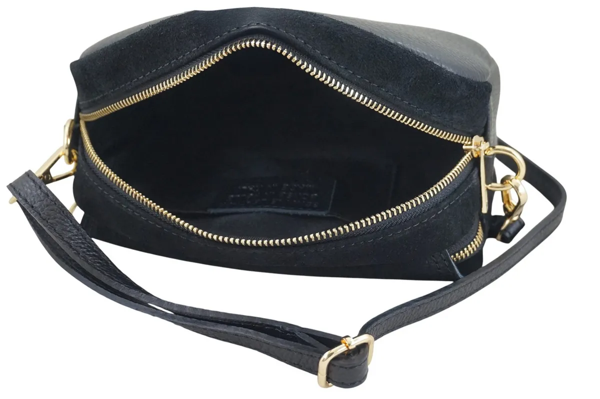 Mała zamszowa listonoszka ze złotym zapięciem - Czarna