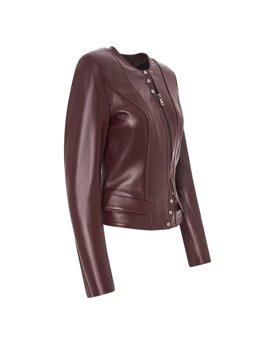 Bukowski Skórzana kurtka damska casual stylowa okrągły dekolt