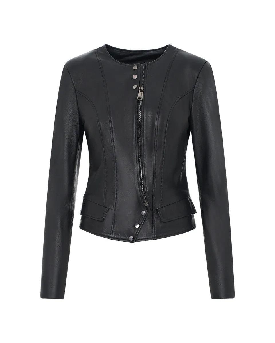 Bukowski Skórzana kurtka damska casual stylowa okrągły dekolt