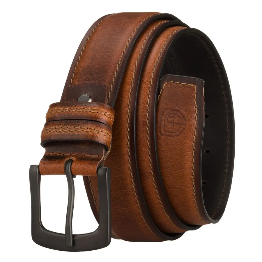 Skórzany, brązowy pasek męski z klasyczną klamrą i dwiema szlufkami - Peterson