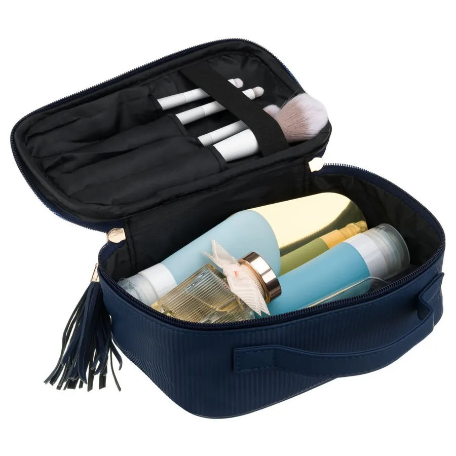 Granatowa kosmetyczka z tkaniny syntetycznej wyposażona w cztery przegródki, jednokomorowa - Peterson