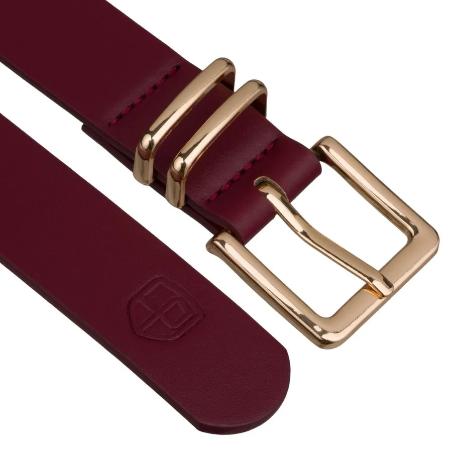 Pasek damski ze skóry ekologicznej w pięknym, burgundowym kolorze ze złotą klamrą - Peterson