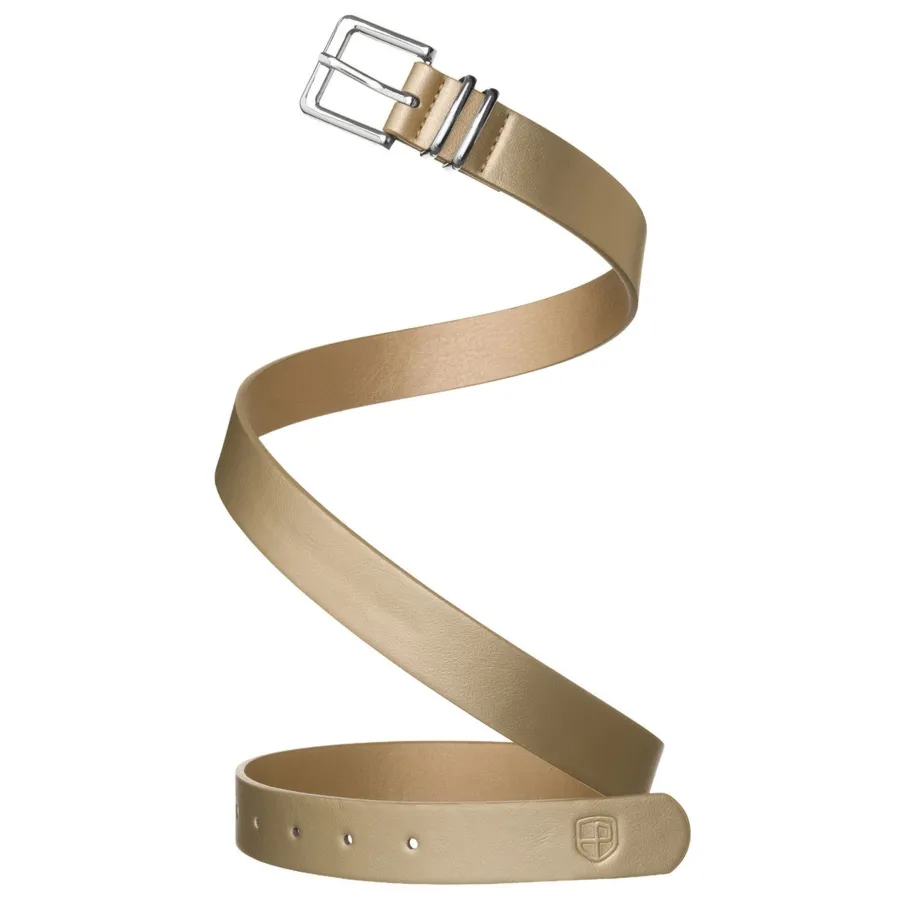 Beżowy pasek damski ze skóry ekologicznej ze srebrną, klasyczną klamrą - Peterson