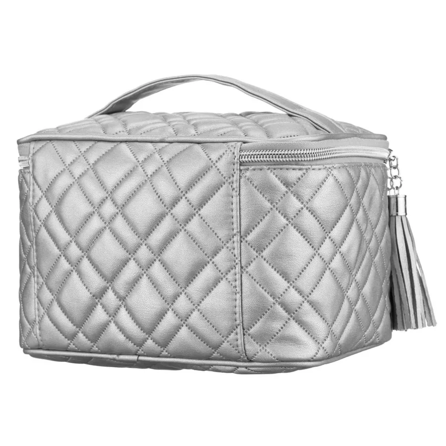 Pikowana kosmetyczka z tkaniny syntetycznej w srebrnym kolorze zamykana suwakiem - Peterson