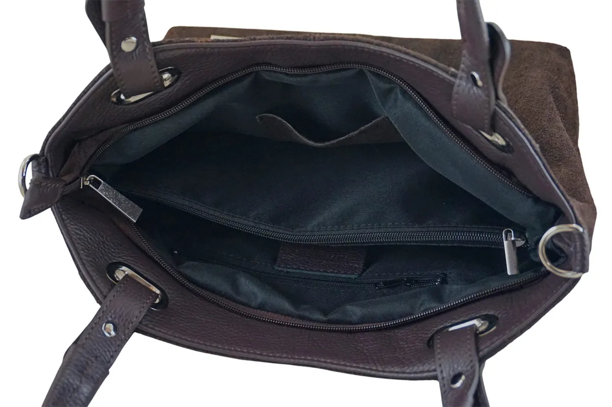 Duża elegancka torebka z naturalnej skóry i zamszu - Brązowa ciemna