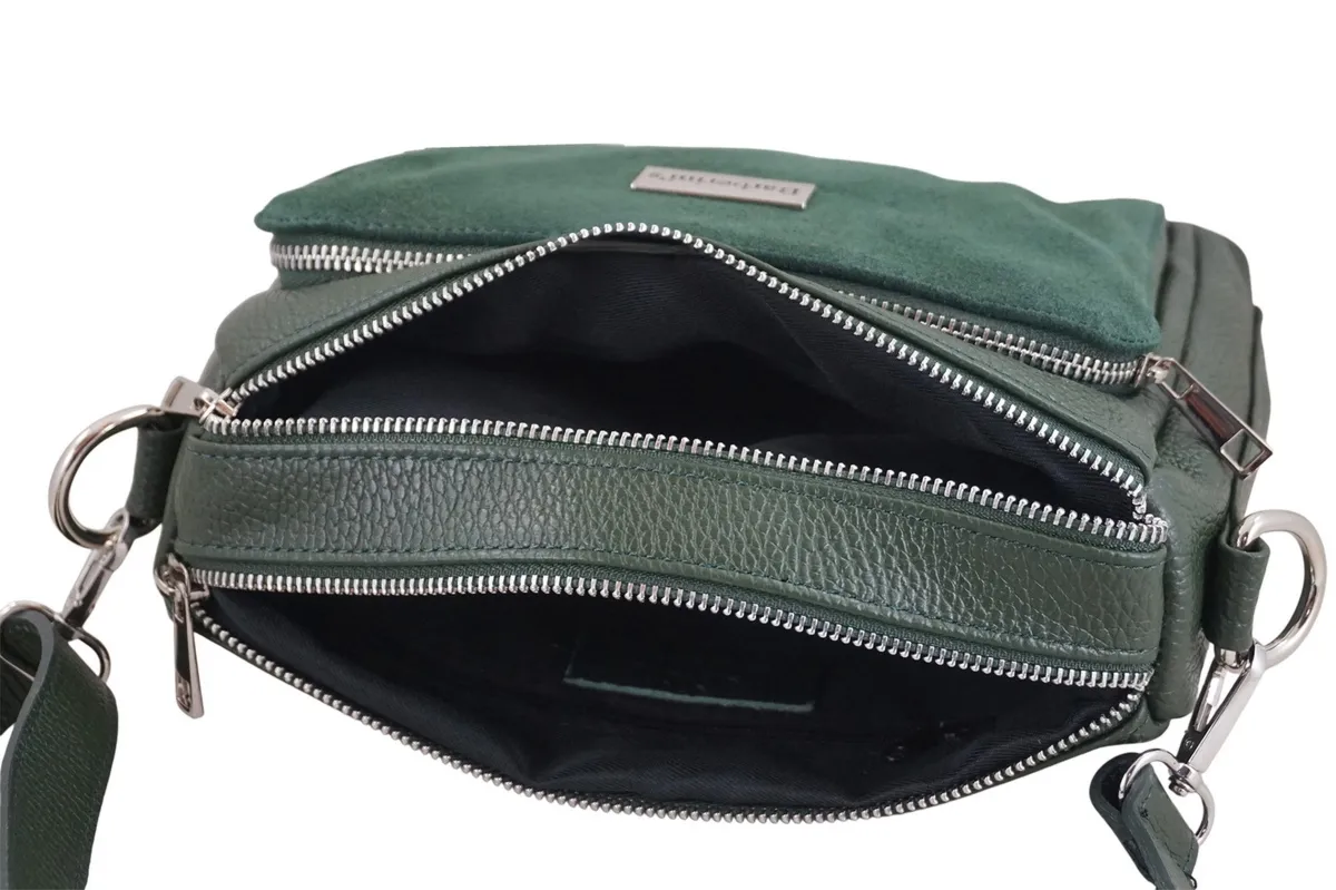 Codzienna torebka ze skóry naturalnej z zamszem - Zielona ciemna