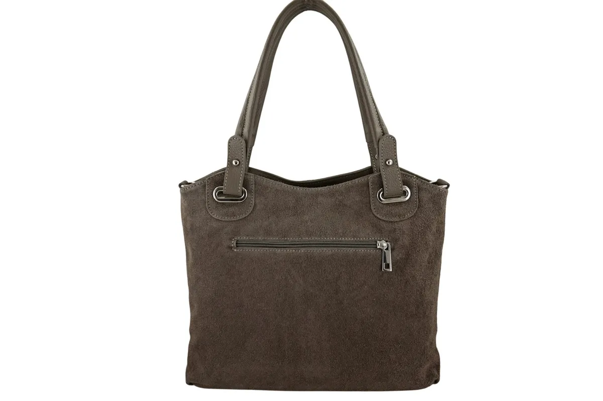 Duża elegancka torebka z naturalnej skóry i zamszu - Beżowa ciemna