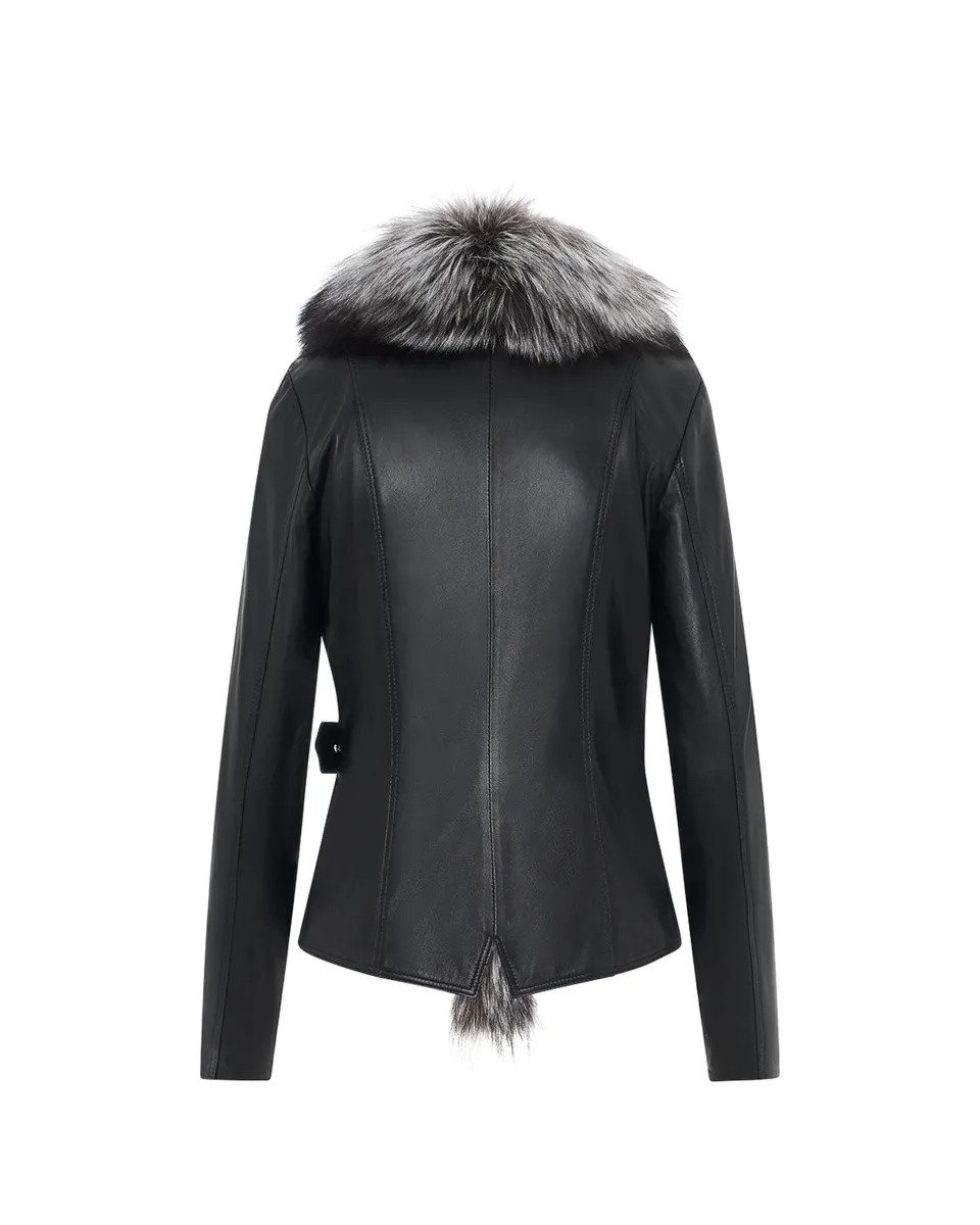 Bukowski Damska kurtka skórzana z futrzanym dekoltem ciepły fason