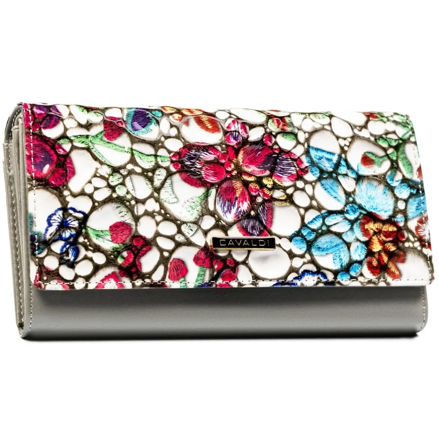 Skórzany, wielokolorowy portfel damski w kwiaty, wyposażony w system RFID - 4U Cavaldi