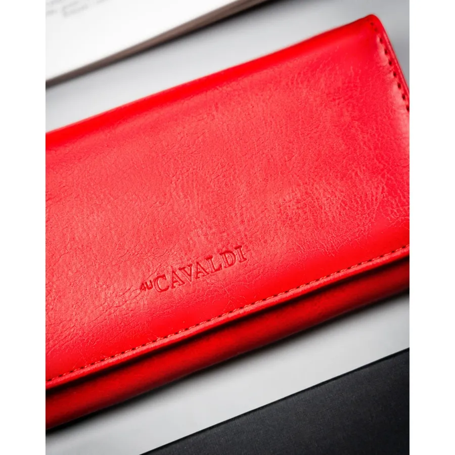 Czerwony, duży portfel damski ze skóry ekologicznej zamykany zatrzaskiem - 4U Cavaldi
