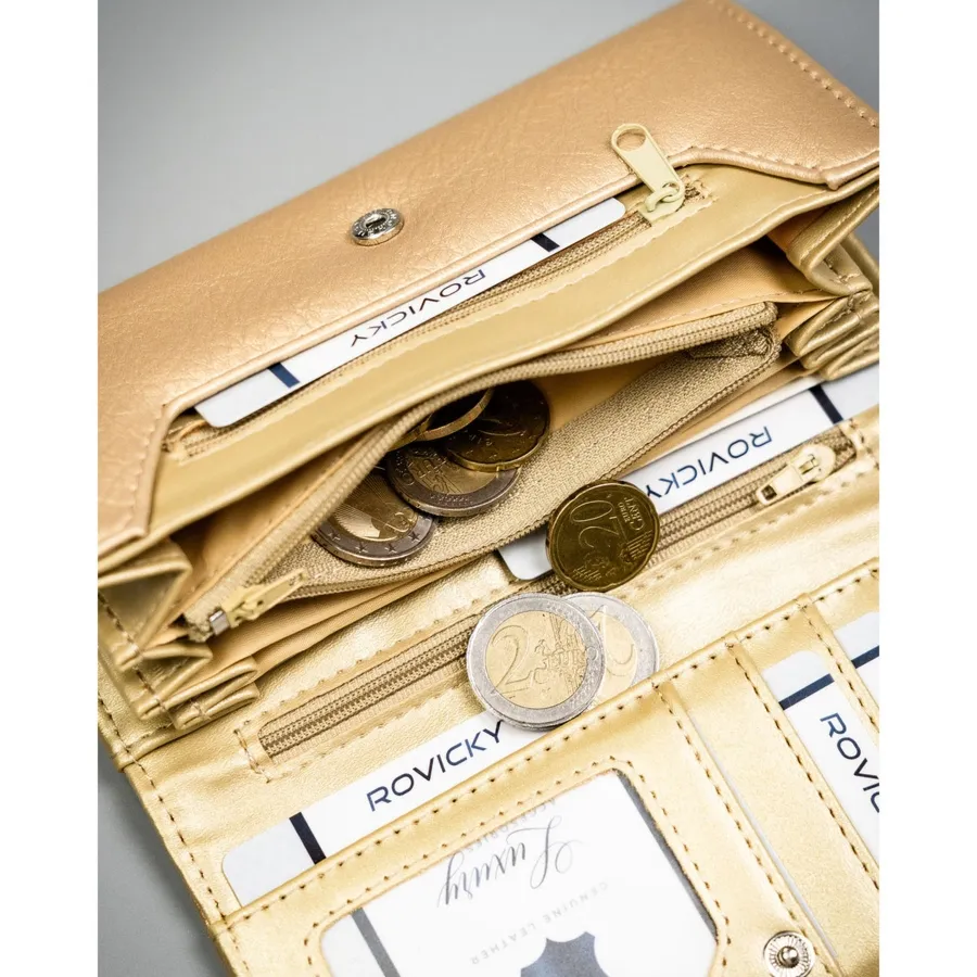 Duży portfel damski ze skóry ekologicznej w złotym kolorze, zamykany zatrzaskiem - 4U Cavaldi