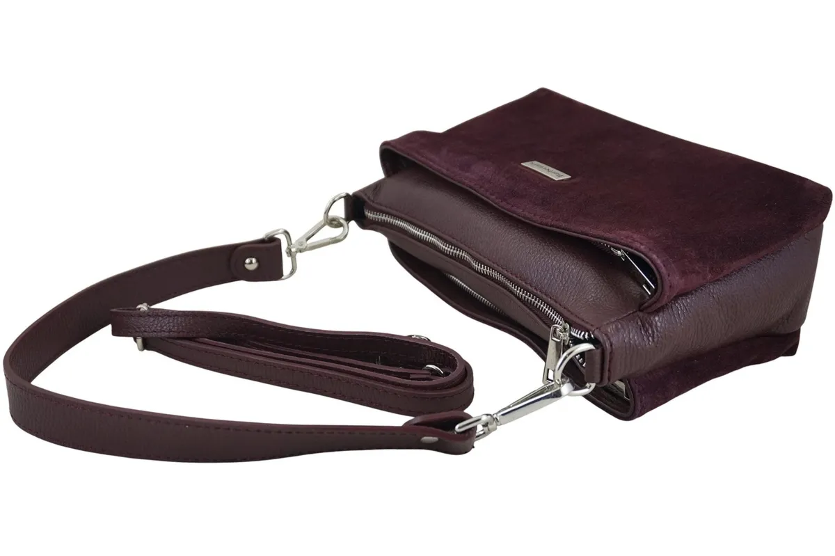 Pojemna torebka listonoszka ze skóry i zamszu - Bordowa
