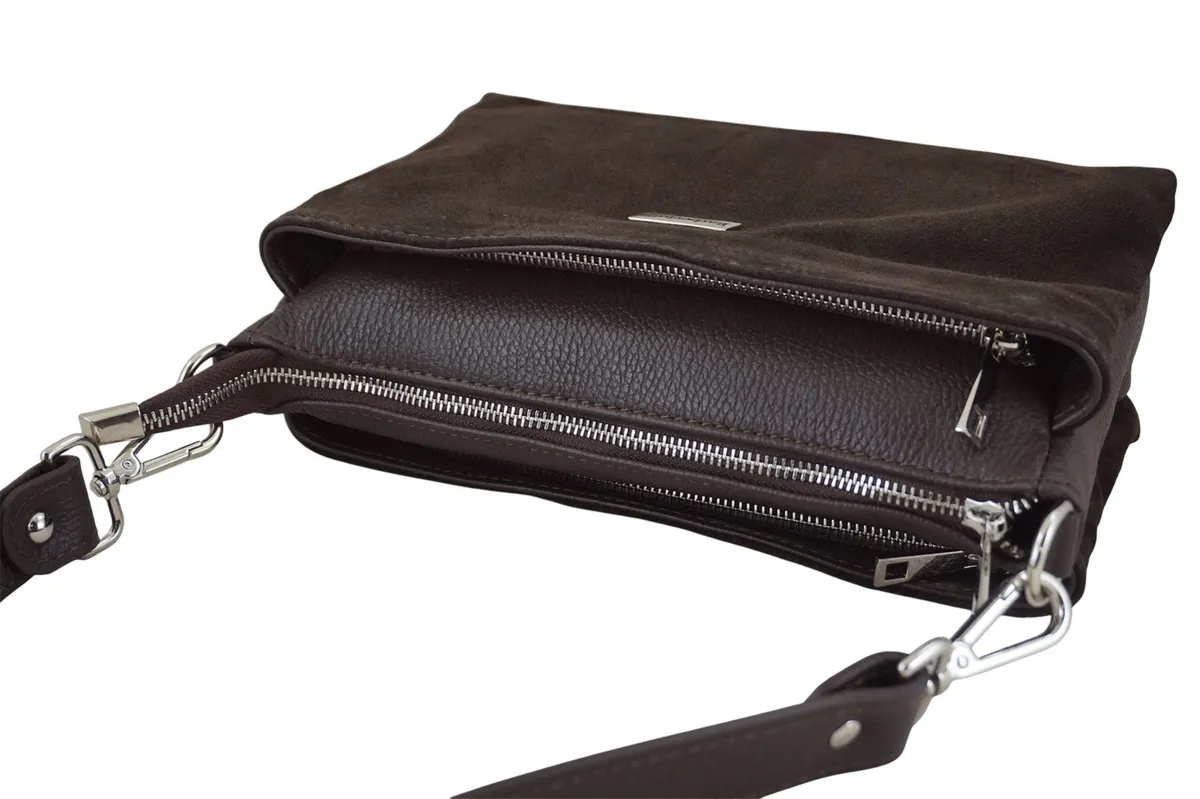 Pojemna torebka listonoszka ze skóry i zamszu - Brązowa ciemna