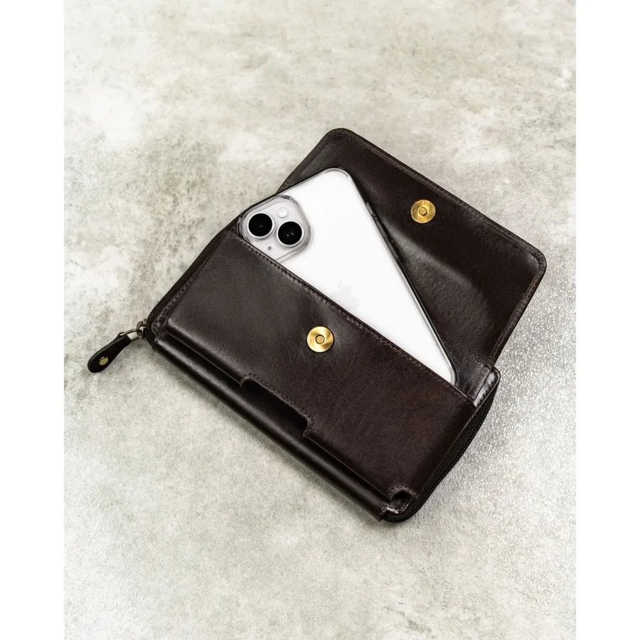 Skórzana, dwukomorowa saszetka męska w brązowym kolorze zamykana suwakiem - Rovicky